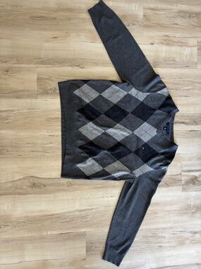 Tommy Hilfiger Argyle Sweater Men’s Large Gray V-Neck Classic Preppy